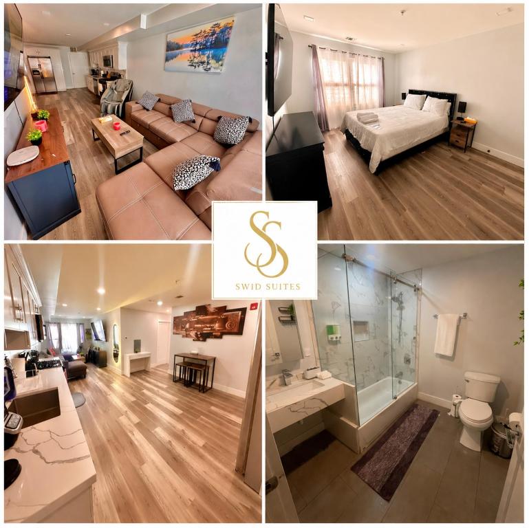 a collage of pictures of a living room and a bedroom at The Classic Suite: 2BR close to NYC in Paterson