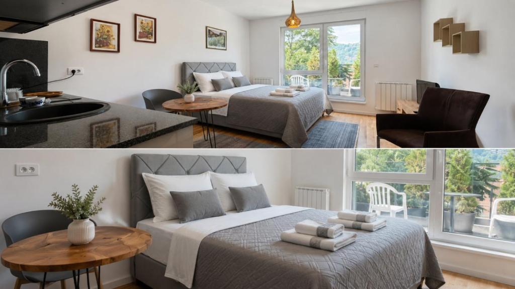 two pictures of a bedroom with a bed and a bathroom at Salt Oasis Apartment Tuzla in Tuzla