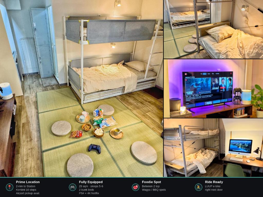 a collage of three pictures of a room with bunk beds at Maison Stay Kobe in Kobe