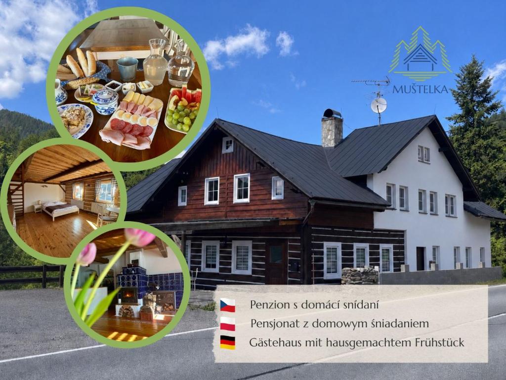 a collage of photos of a house with at Penzion Muštelka in Rokytnice nad Jizerou