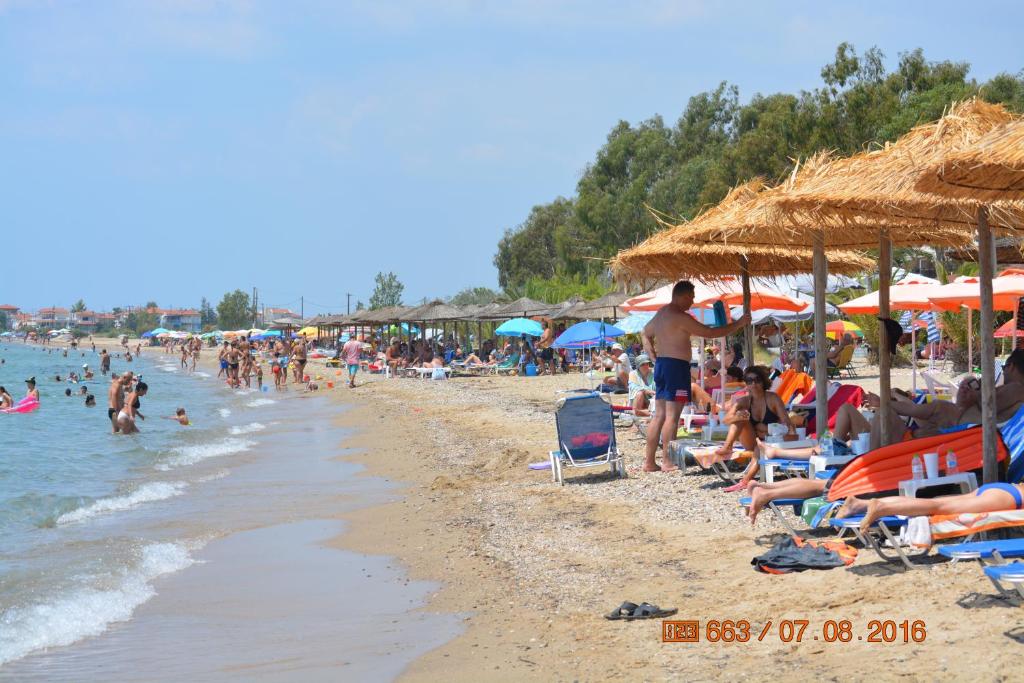 a crowd of people on a beach with umbrellas at Apartments Dimitra in Paralia Dionysiou