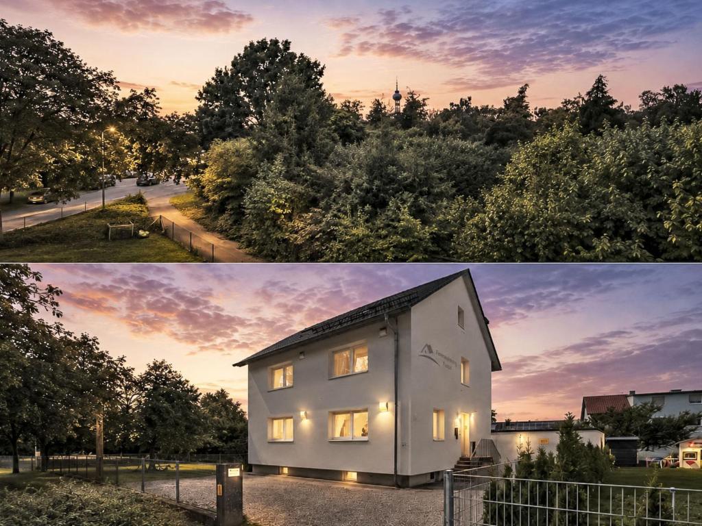 two pictures of a white house with the sunset at Holiday Home Bailey by Interhome in Laupheim