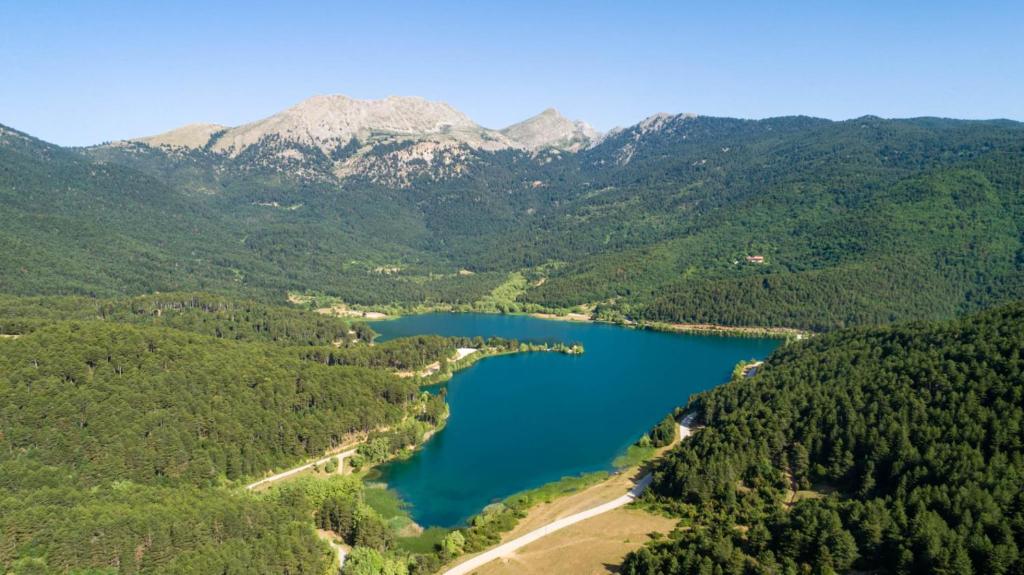 an aerial view of a lake in the mountains at Goura Guesthouse Lake Doxa Mountain Retreats in Goura