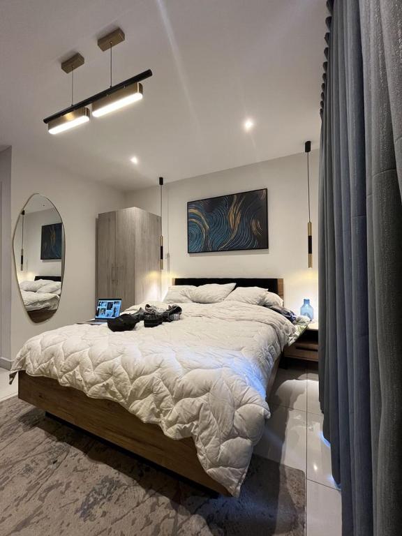 a bedroom with a large bed and a mirror at JKIA Prestige kenya in Nairobi
