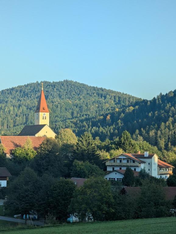 a small town with a church on a hill at VATTERSGARDEN GmbH in Viechtach