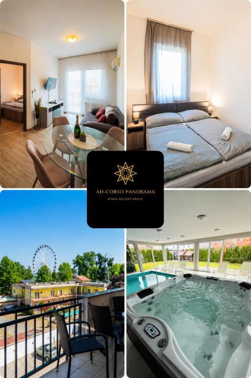 a collage of pictures of a hotel room with a hot tub at AH-Corso Wellness Panorama Apartman in Siófok