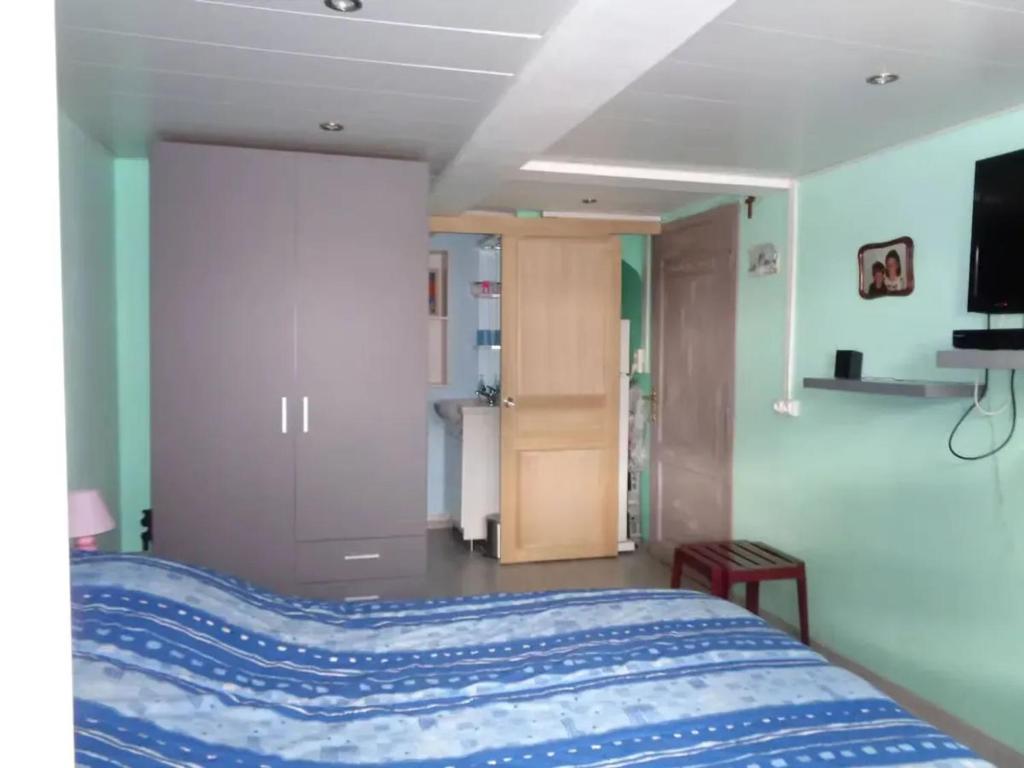 a bedroom with a bed and a television in it at Apartment Philippeville 18 m² Garden in Philippeville