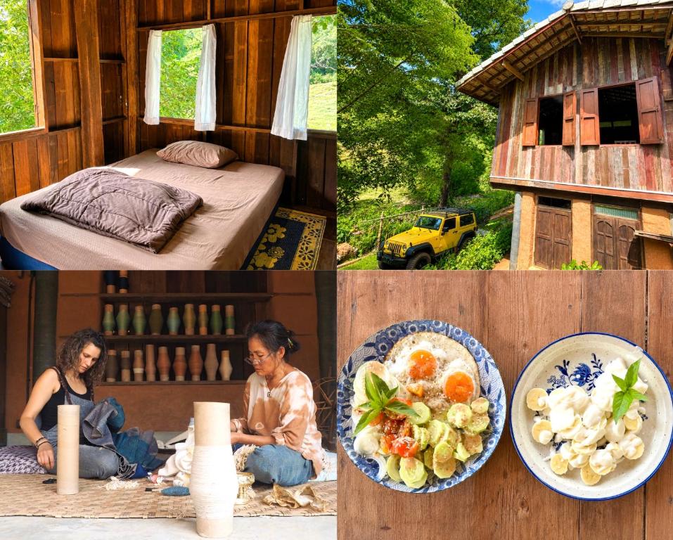 a collage of pictures of a house with a plate of food at Indigo Homestay in Ban Huai Pong