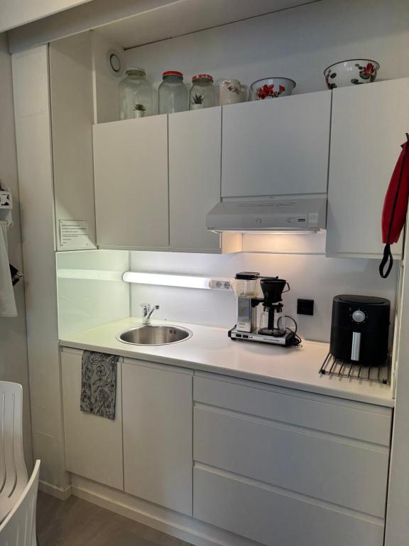 a white kitchen with a sink and a mixer at Kylpylä-Hotelli 345 in Ikaalinen