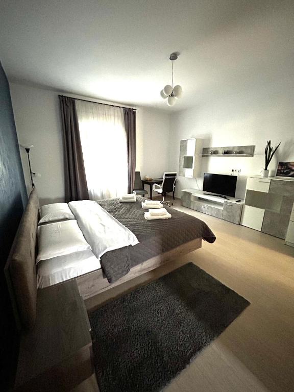 a bedroom with a large bed and a living room at Vera Residence - Free Private Parking & Self Check-In in Timişoara