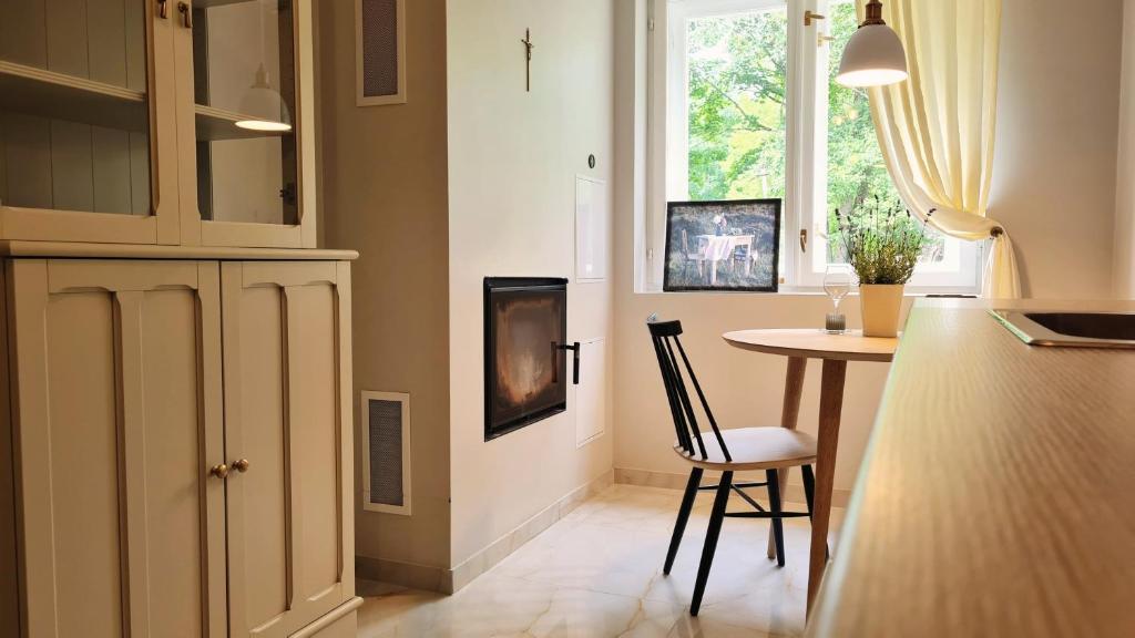 a kitchen with a counter and a table and a chair at Teodor Apartment in Budraičiai