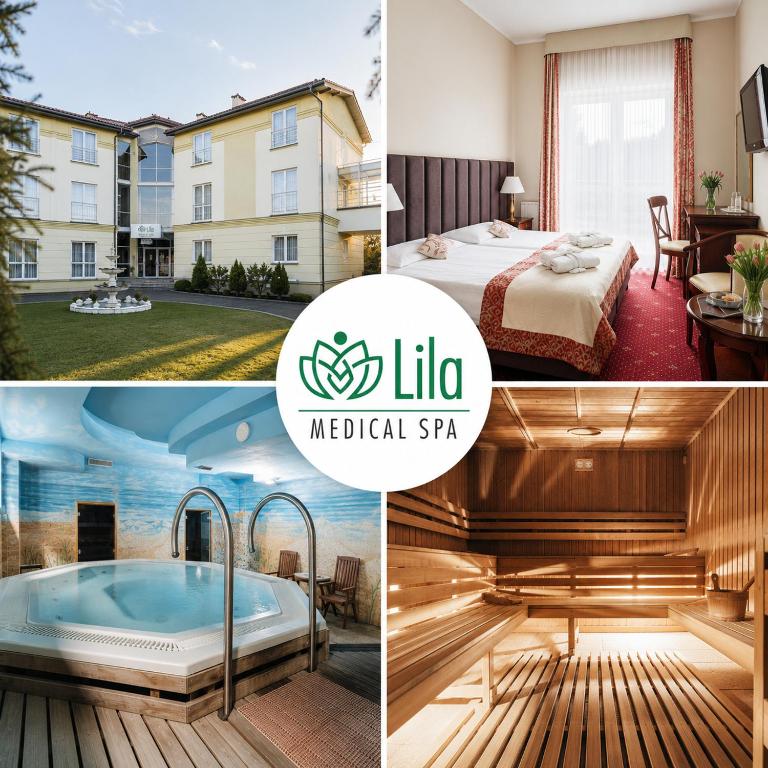 a collage of pictures of a hotel with a spa and a hotel insignia at Lila Medical SPA in Ciechocinek