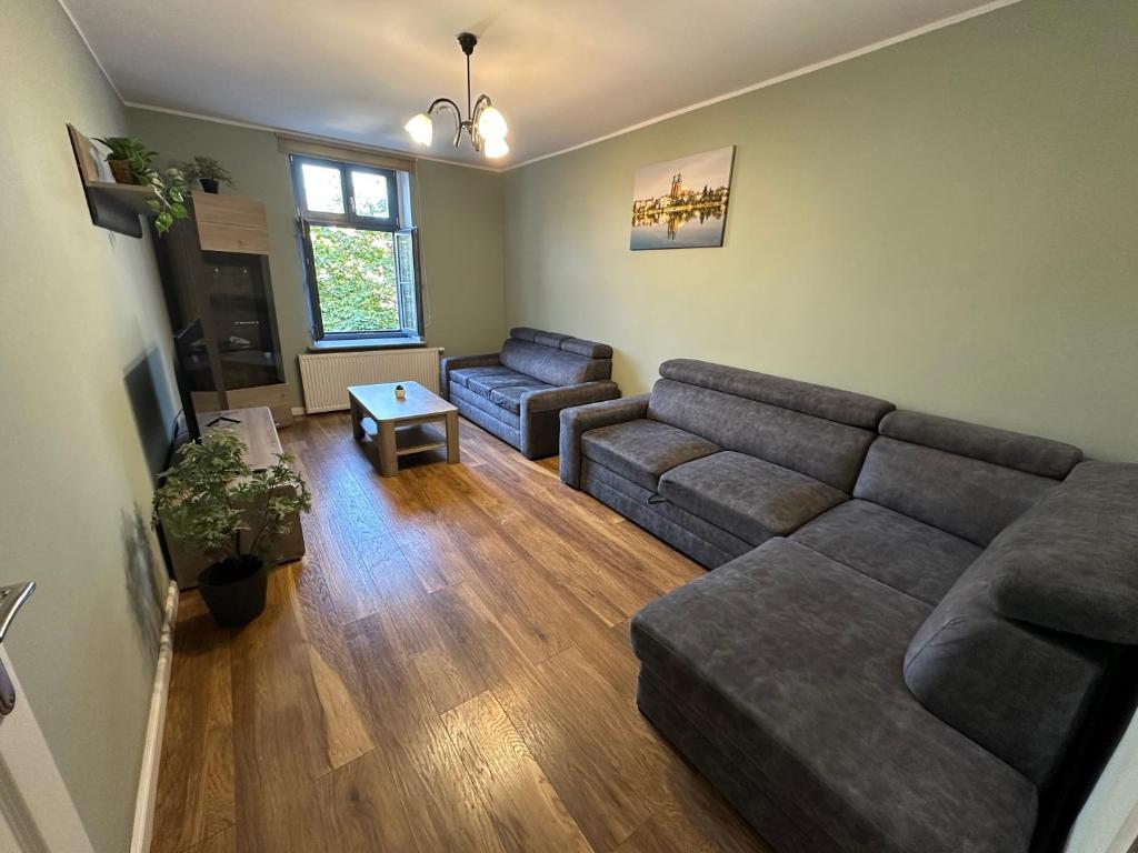 a living room with a couch and two couches at Apartament Kleopatra in Gniezno