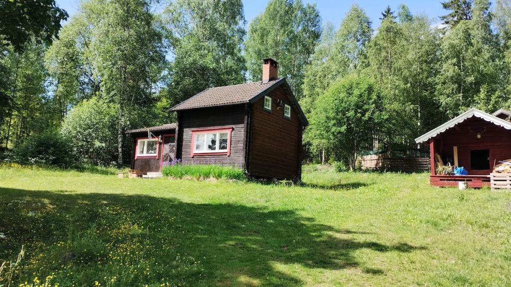 a small house in the middle of a field at Waldhaus mit Seeblick in Nyhammar