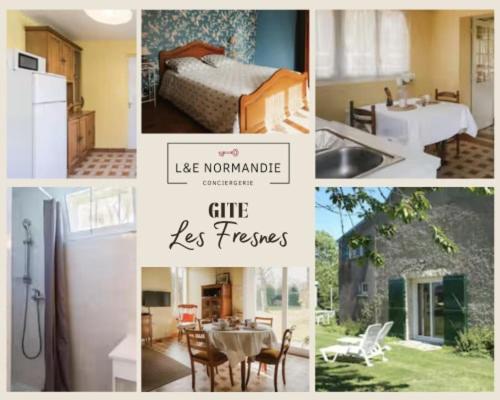 a collage of pictures of a kitchen and a bedroom at Gîte Les Fresnes in Sainte-Honorine-des-Pertes