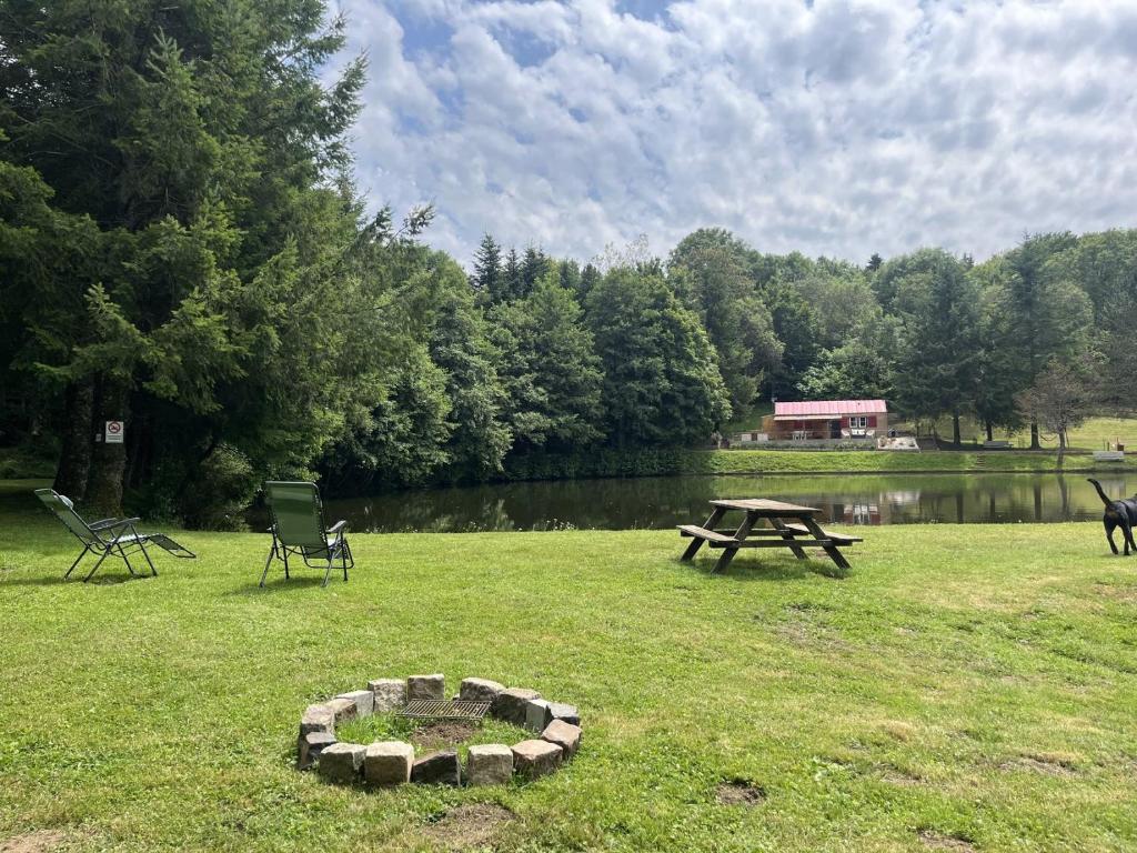 a picnic table and chairs in a field next to a lake at Chalet et étang, exclusivement privée in Manzat