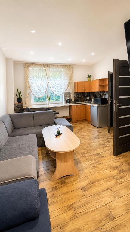 a living room with a couch and a table at Apartament Bielsko in Bielsko-Biała