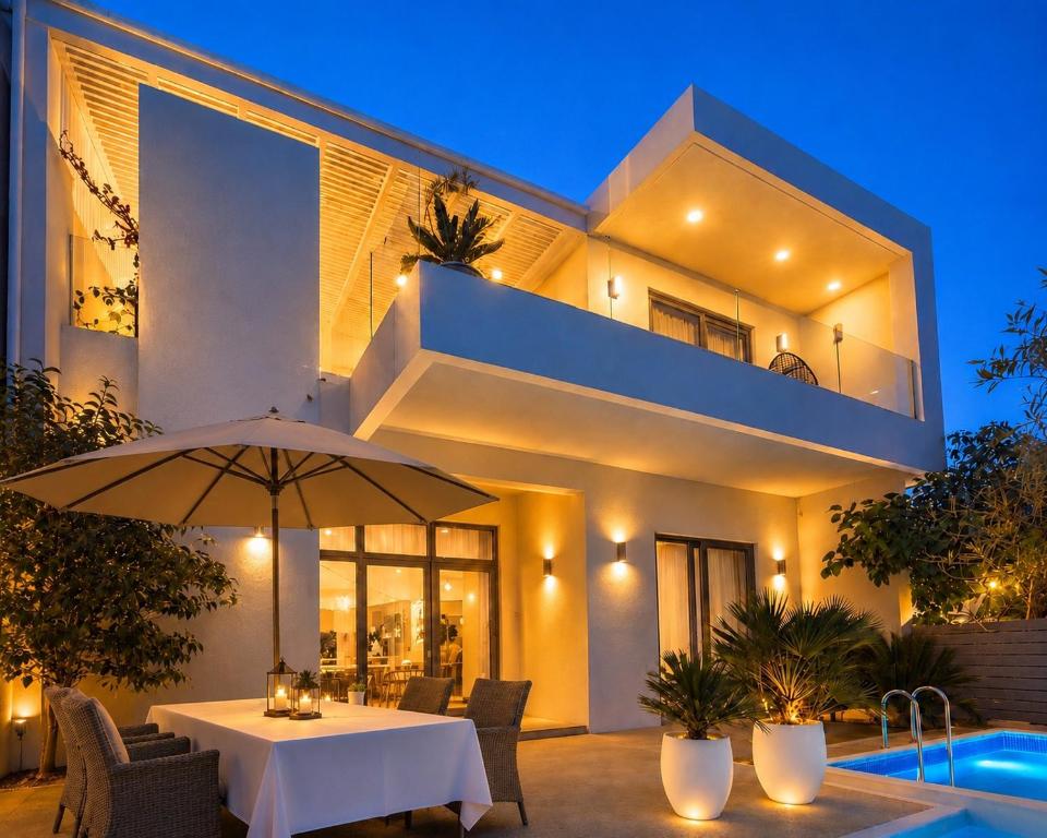 a house with a white table and an umbrella at Villa Almihauss - Adults Only in Afantou