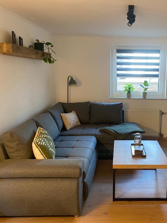 a living room with a couch and a table at Ferienwohnung Sollingseck in Dassel
