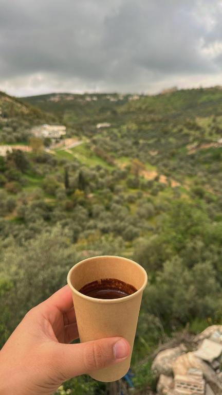 a hand holding a cup of coffee with a view at عجلون in Ajloun