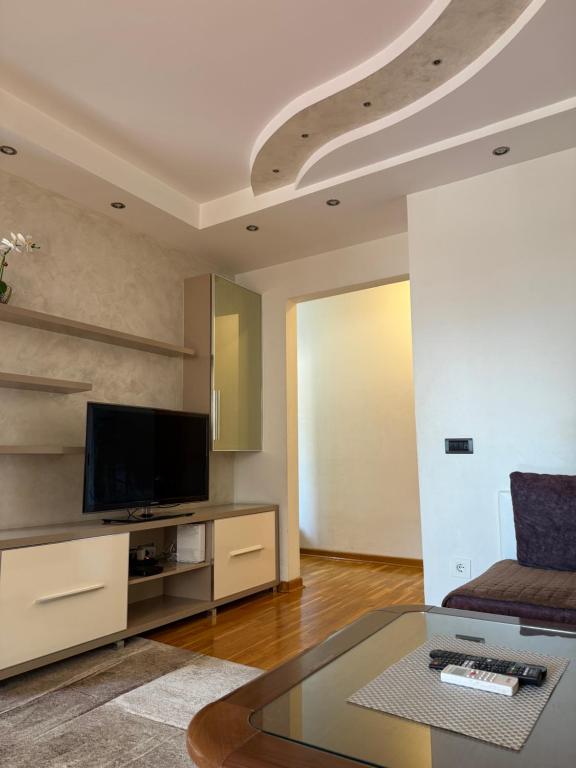 a living room with a tv and a couch and a table at Dunav View Residence - River View Free Parking in Belgrade