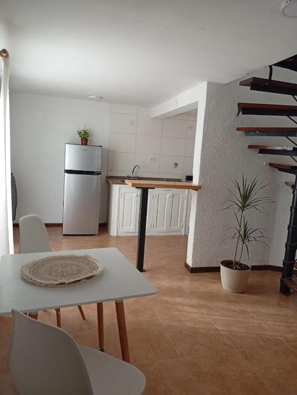 a kitchen with a table and a refrigerator in a room at Oro y Miel II en pleno centro de Chascomús in Chascomús