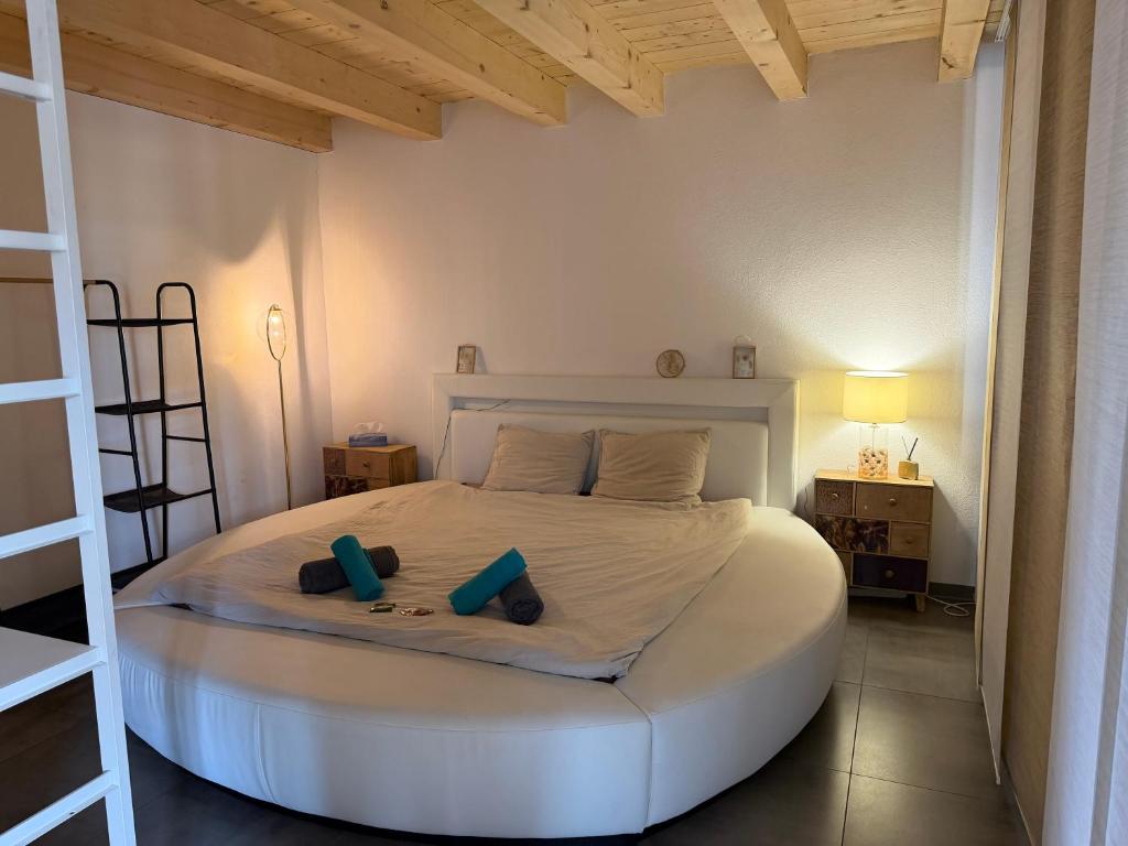 a bedroom with a large white bed with two pillows at Bulle de rêve jacuzzi in Bulle