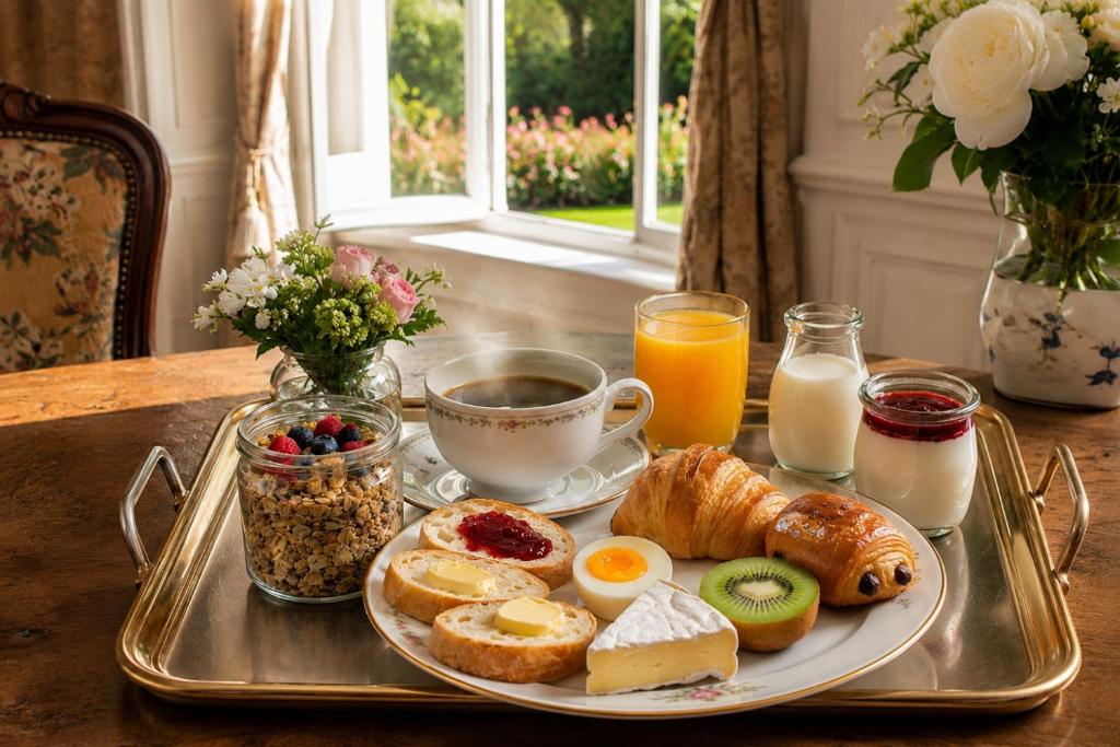 a tray of breakfast food on a table at Chateau d'Isigny - Normandie - Country House in Isigny-le-Buat