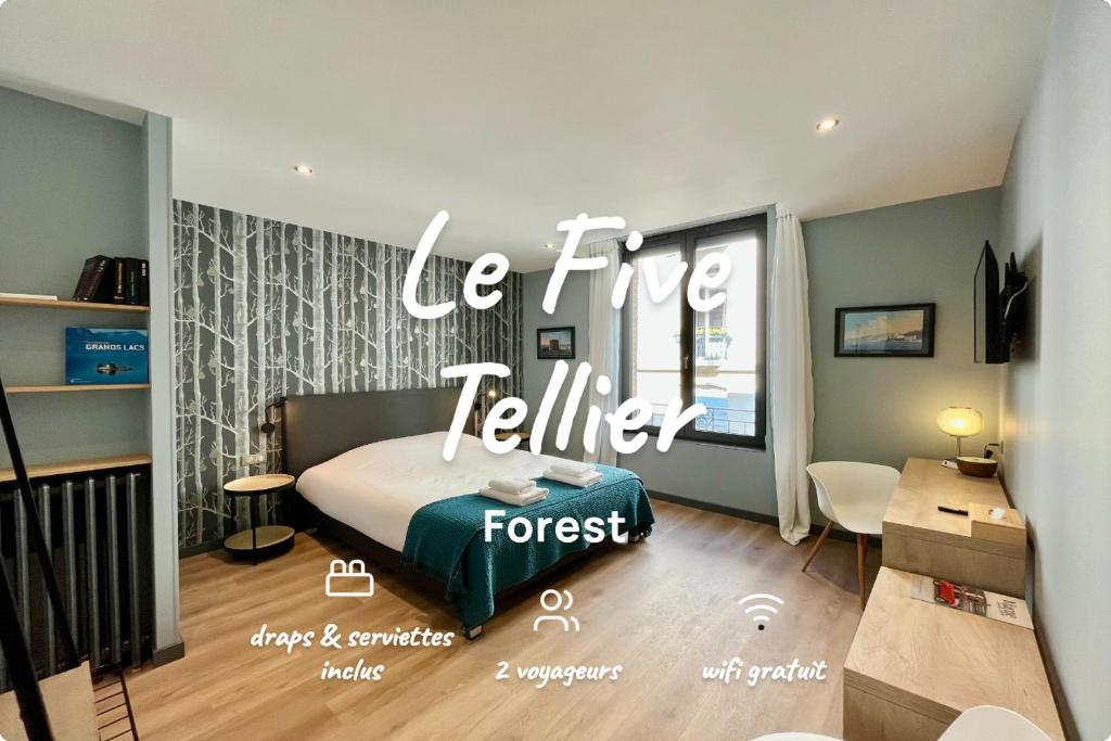 a bedroom with a bed with a sign that reads be fire fallen forest at Le Five Tellier - Forest in Reims