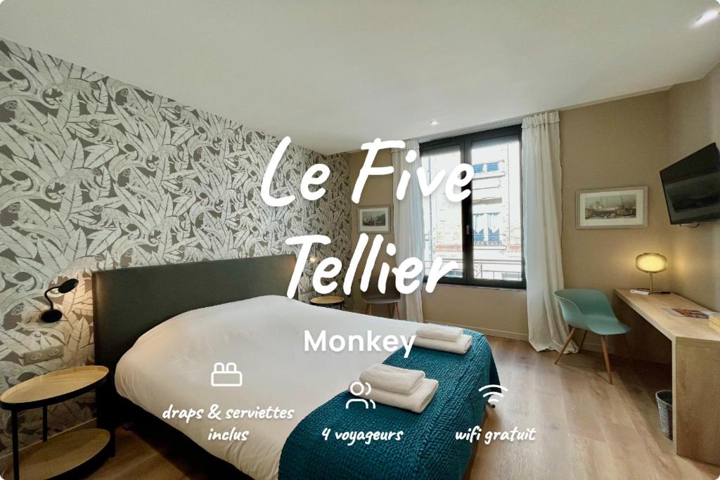 a bedroom with a bed with a sign that reads be five better at Le Five Tellier - Monkey in Reims