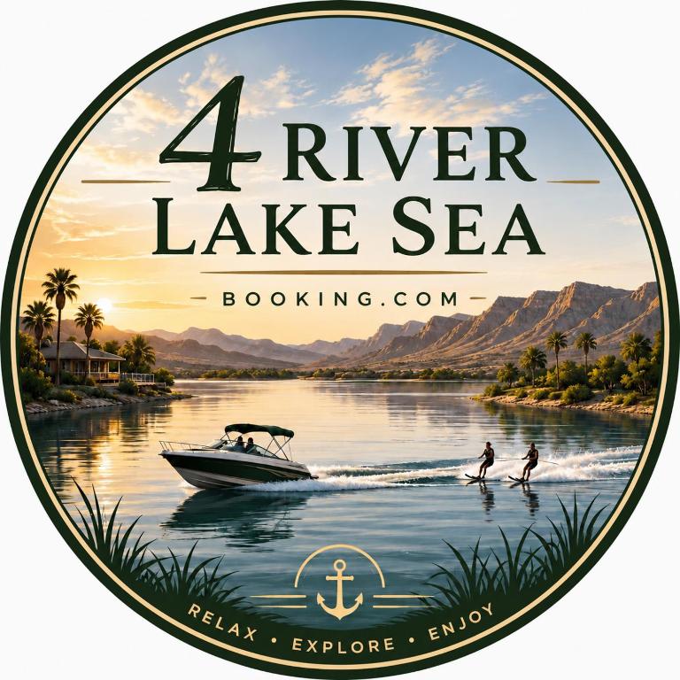 a sign for a river lake sea with two people on a boat at 4 River Lake Sea in Parker
