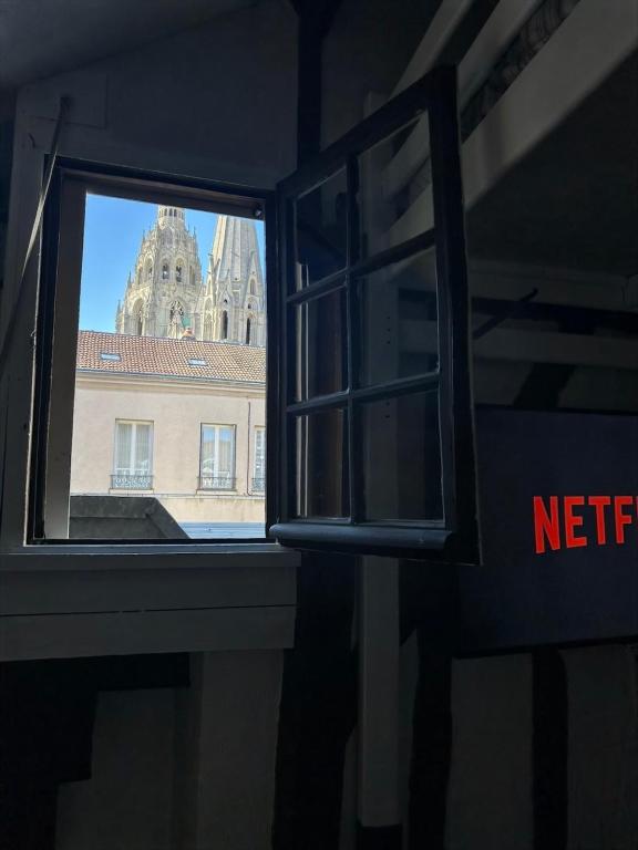 a window with a view of a building at Duplex Charme & Fleurs, vue Cathédrale in Chartres