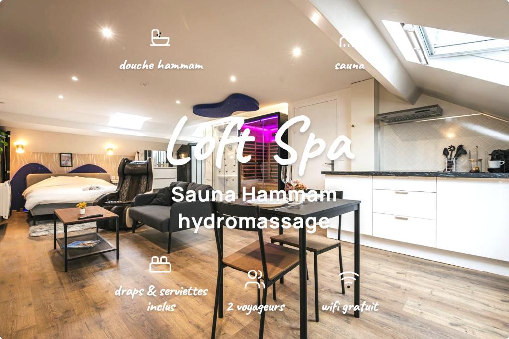 a room with a kitchen and a living room at Loft Spa Sauna Hammam Hydromassage in Reims