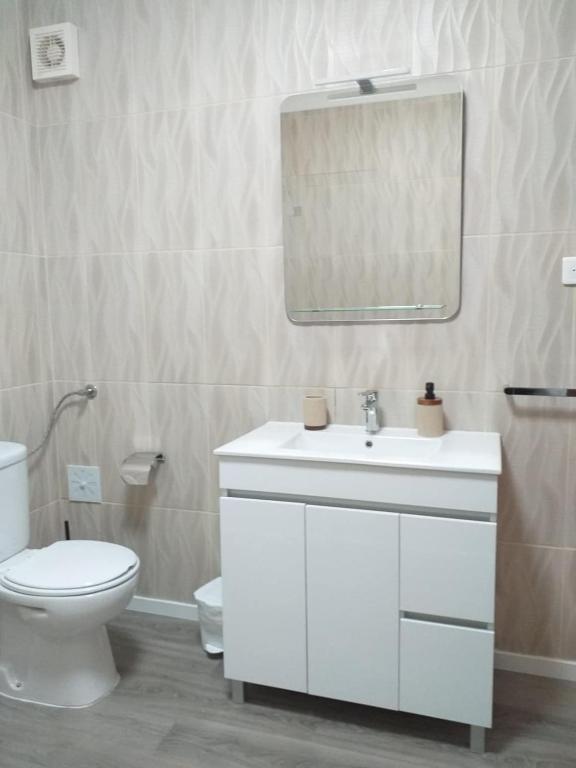 a bathroom with a toilet and a sink and a mirror at Casa da Maria in Amoreira