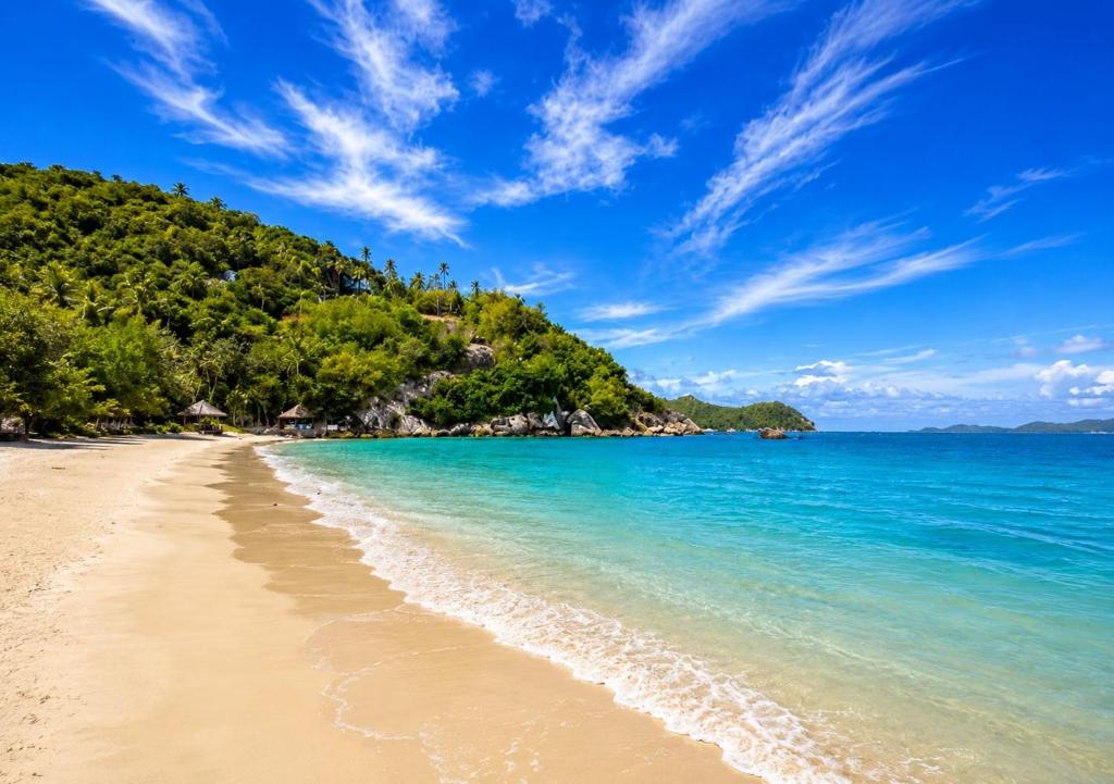 a beach with a hill in the background at SU house Koh Phangan in Thong Nai Pan Yai