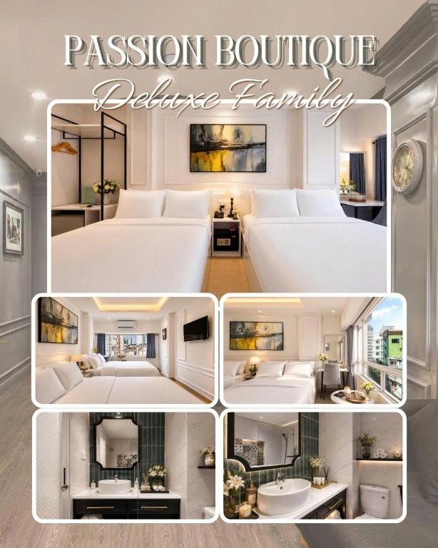 a collage of pictures of a bedroom and a living room at Market Ben Thanh Kas Hotel Passion in Ho Chi Minh City