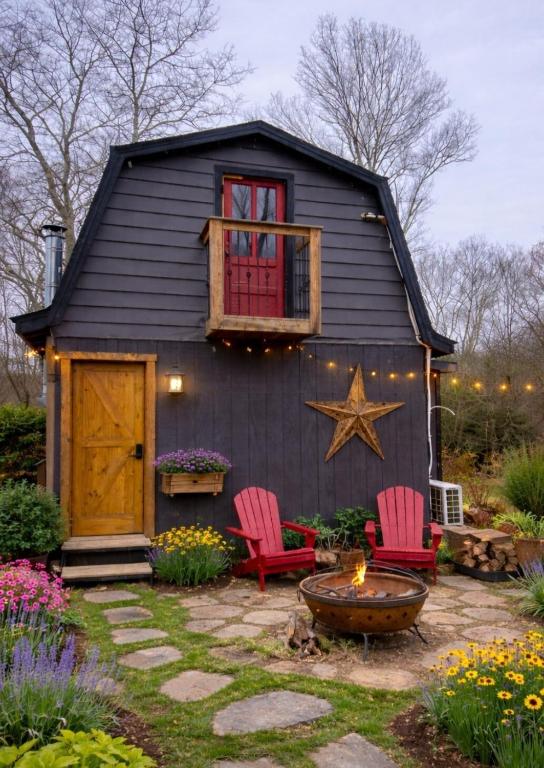 a black house with two red chairs and a star at Cozy Bethel Barn in Mongaup Valley