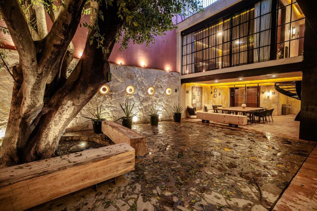 a building with a tree in the middle of a courtyard at 7 Casa Laurel Hotel Boutique in Oaxaca City