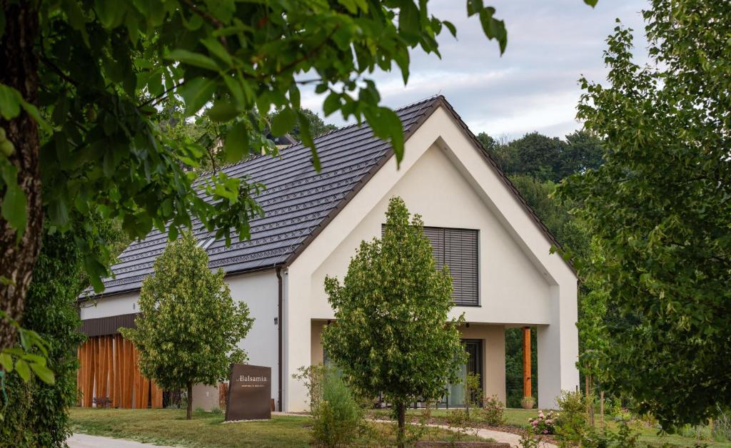 a white house with a black roof at Balsamia Boutique Apartments in Podčetrtek