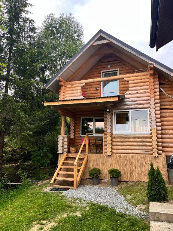 eine Blockhütte mit einer Treppe und einem Haus in der Unterkunft Zwinger in Pilipets