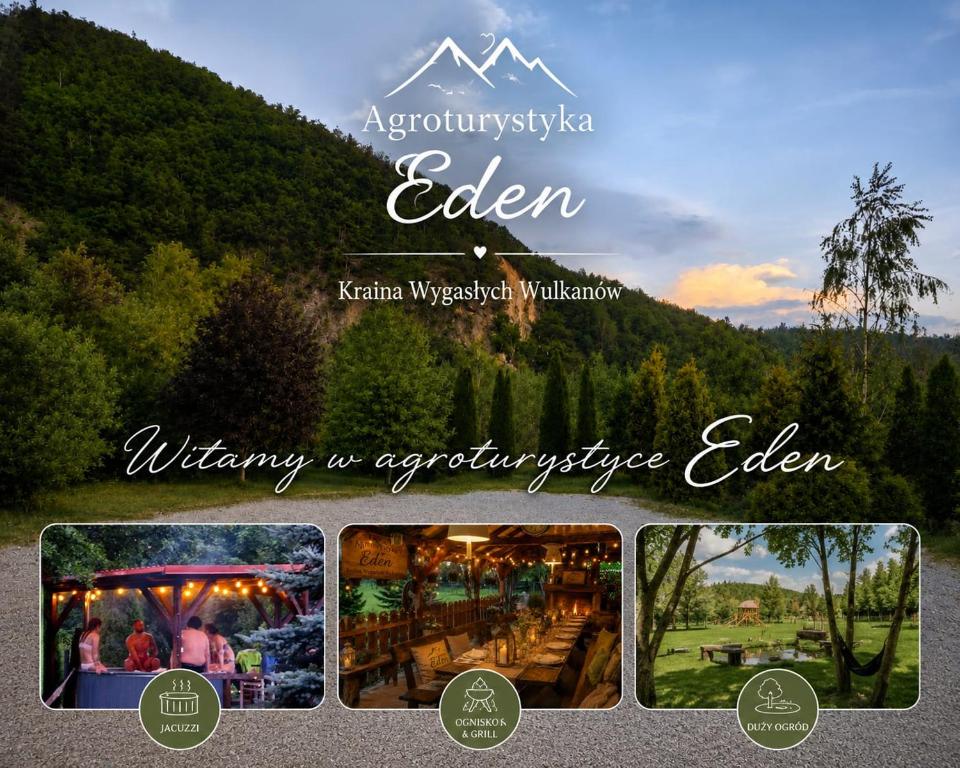 a collage of photos of a restaurant with a mountain at Eden in Sędziszowa