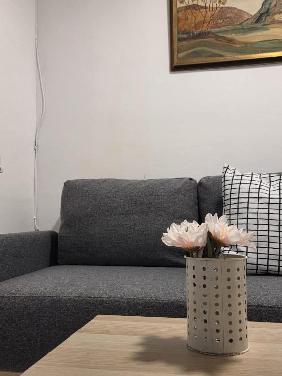 a vase with flowers on a table in front of a couch at מקום למשפחה in Kefar Tavor