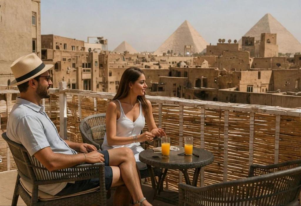 a man and woman sitting at a table on a balcony with pyramids at The 5 Inn - Rooftop Pyramids View in Cairo