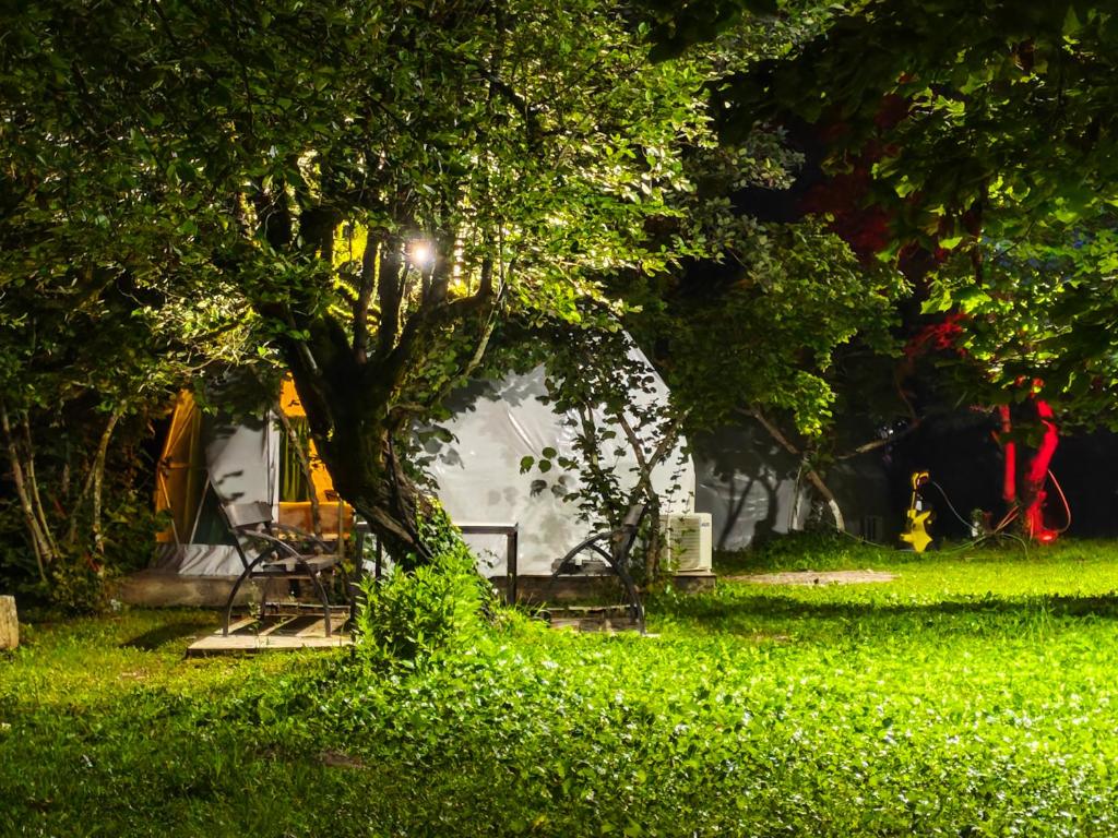 a white house with a tree in the grass at Zarati House 