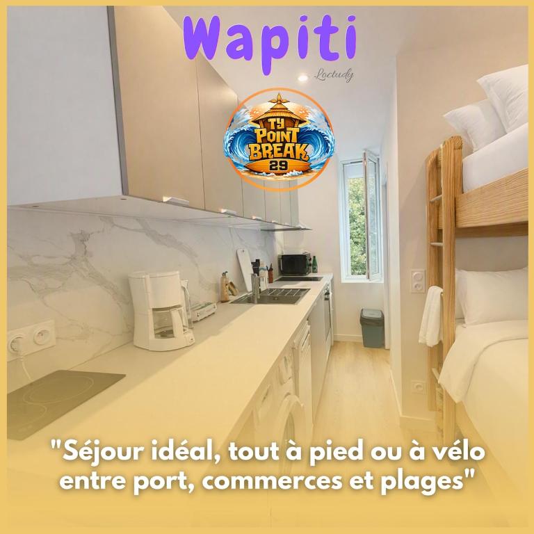 a poster of a kitchen with a bed and a microwave at Wapiti apartment in Loctudy