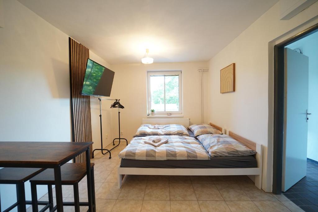 a bedroom with a bed and a table and a window at Studio v Aldrovském Triu in Vítkovice