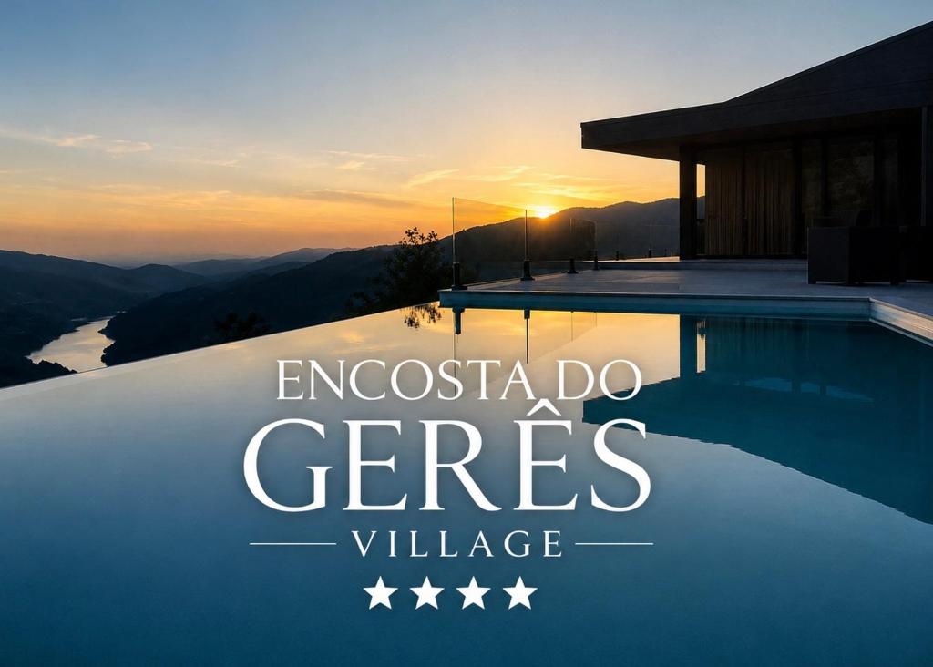 a villa with a swimming pool with the sunset at Encosta do Gerês Village in Ventosa