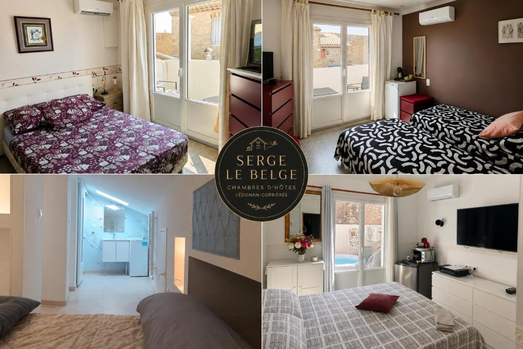 a collage of three pictures of a bedroom at Serge Le Belge - Sejour authentique chez l habitant a Lezignan Corbieres in Lézignan-Corbières