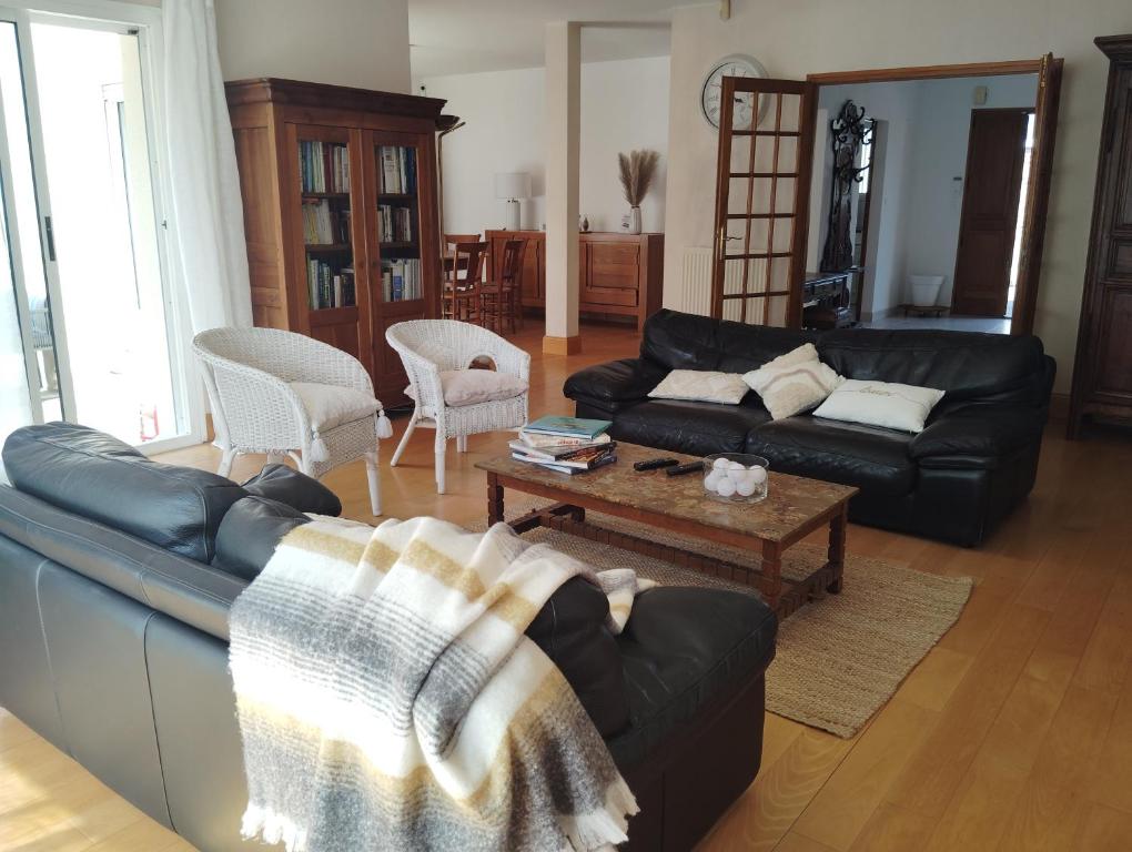 a living room with a black couch and a coffee table at La Maison du Petit Port in Nantes