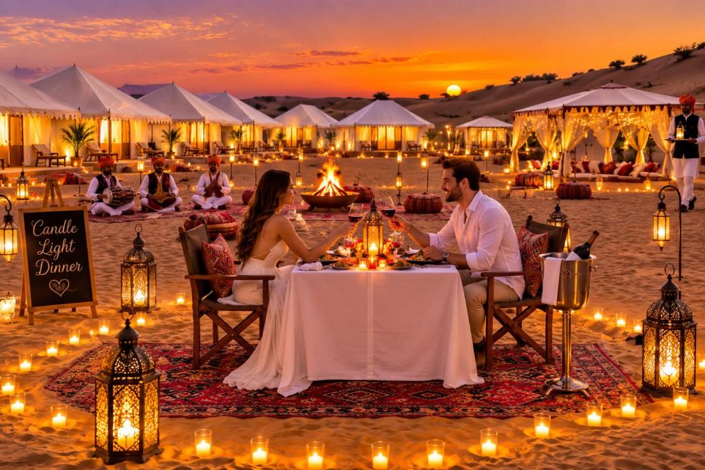 a bride and groom sitting at a table in the middle of the desert at Mahindra Desert Resort & Camp in Jaisalmer